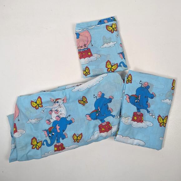 Vintage Twin Sheet Set Blue Elephant - Picture 1 of 5